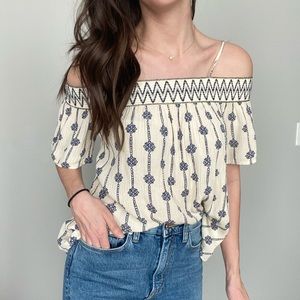 Boho Cream and Blue Off-Shoulder Blouse
